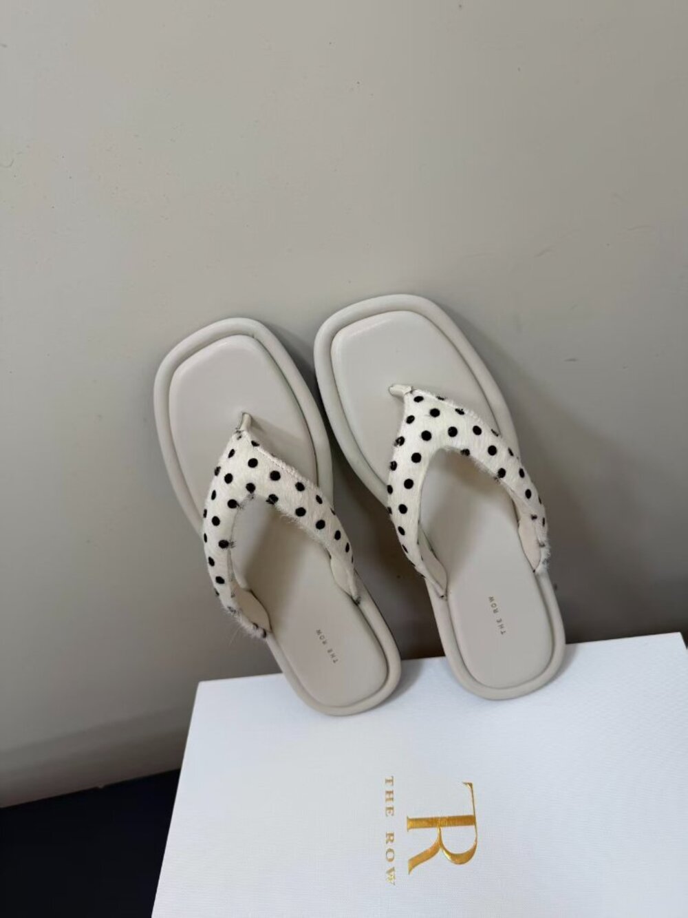 The Row Off White Square Toe Flip Flops Polka Dot Pony Hair Thong Sandals